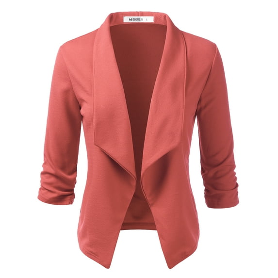 Doublju Women's Ruched 3/4 Sleeve Open Front Blazer Jacket with Plus Size
