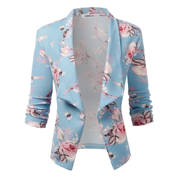 Doublju Women's Ruched 3/4 Sleeve Open Front Blazer Jacket with Plus Size