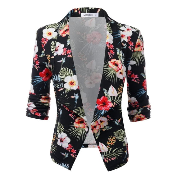 Doublju Women's Ruched 3/4 Sleeve Open Front Blazer Jacket with Plus Size