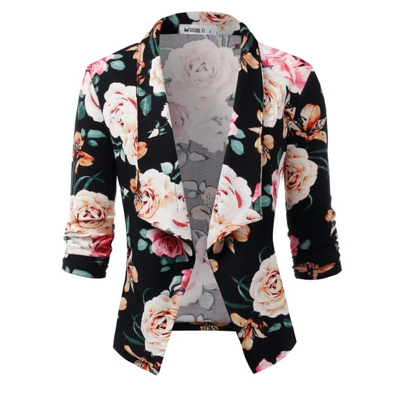 Doublju Women's Ruched 3/4 Sleeve Open Front Blazer Jacket with Plus Size