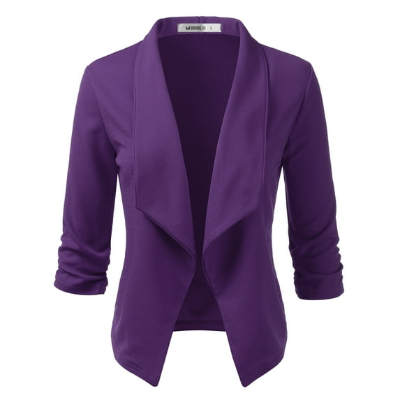 Doublju Women's Ruched 3/4 Sleeve Open Front Blazer Jacket with Plus Size