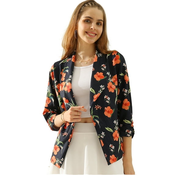 Doublju Women's Ruched 3/4 Sleeve Open Front Blazer Jacket with Plus Size
