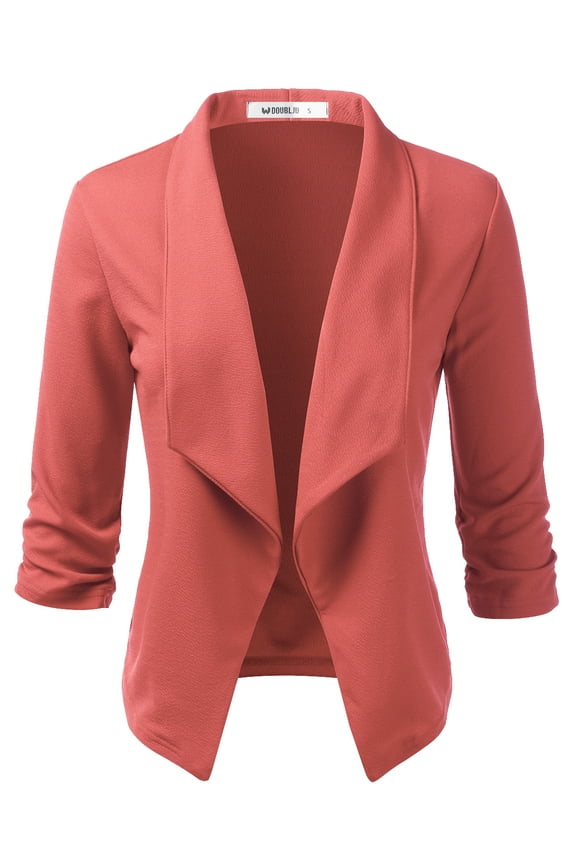 Women's Ruched 3/4 Sleeve Open Front Blazer Jacket with Plus Size