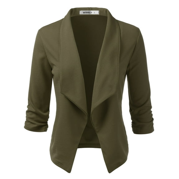 Doublju Women's Ruched 3/4 Sleeve Open Front Blazer Jacket with Plus Size