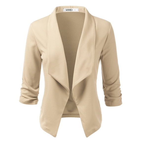 Doublju Women's Ruched 3/4 Sleeve Open Front Blazer Jacket with Plus Size