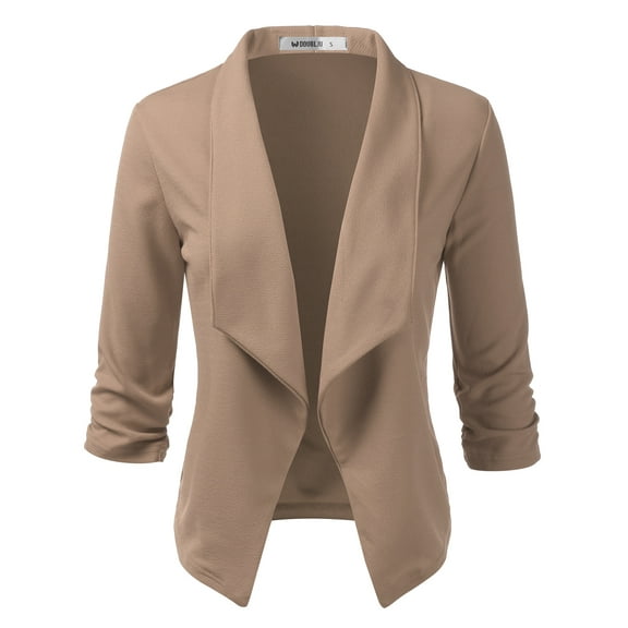 Doublju Women's Ruched 3/4 Sleeve Open Front Blazer Jacket with Plus Size