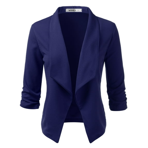 Doublju Women's Ruched 3/4 Sleeve Open Front Blazer Jacket with Plus Size