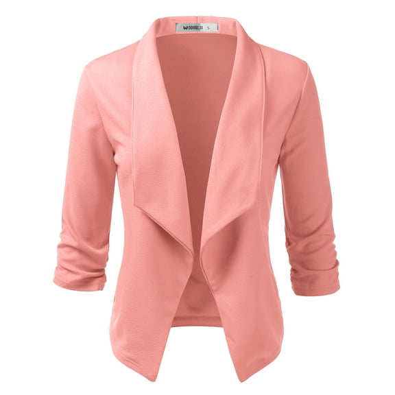 Doublju Women's Ruched 3/4 Sleeve Open Front Blazer Jacket with Plus Size