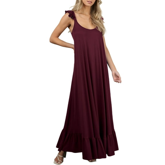 Doublju Women's Scoop Neck Ruffle Trim Maxi Long Dress (Plus Size Available)