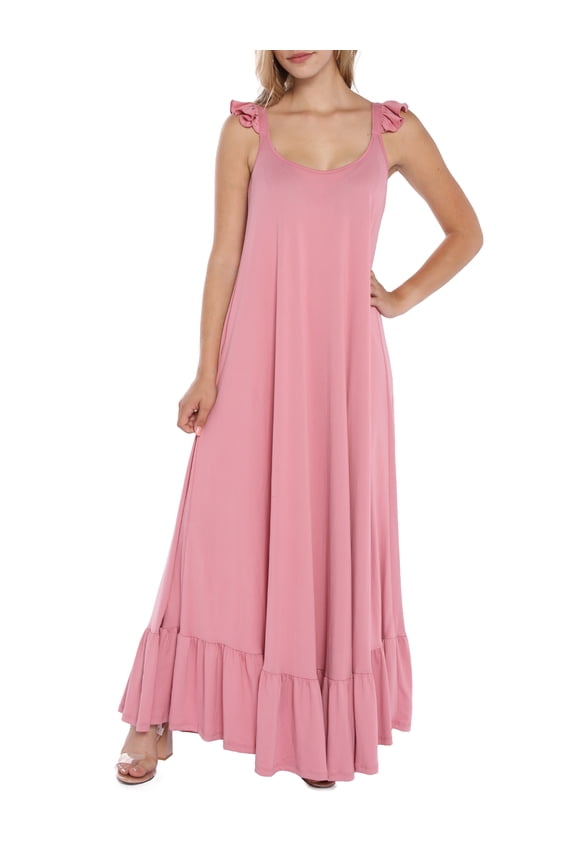 Women's Scoop Neck Ruffle Trim Maxi Long Dress (Plus Size Available)