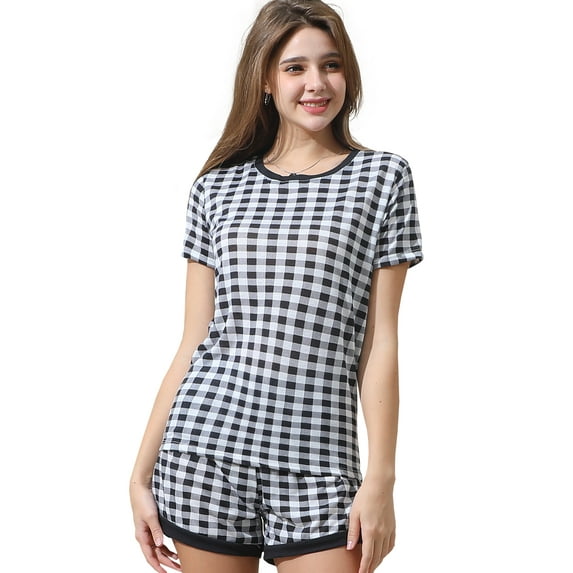 Doublju Women's Short Sleeve Round Neck Pajama Sleepwear 2 pcs Set (Plus Size Available)