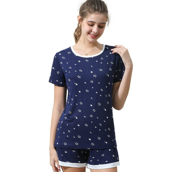Doublju Women's Short Sleeve Round Neck Pajama Sleepwear 2 pcs Set (Plus Size Available)