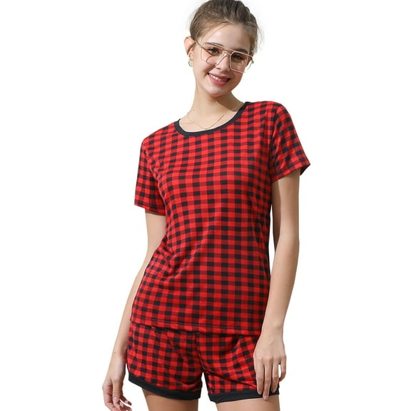 Doublju Women's Short Sleeve Round Neck Pajama Sleepwear 2 pcs Set (Plus Size Available)