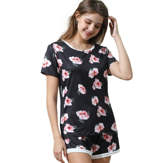 Doublju Women's Short Sleeve Round Neck Pajama Sleepwear 2 pcs Set (Plus Size Available)