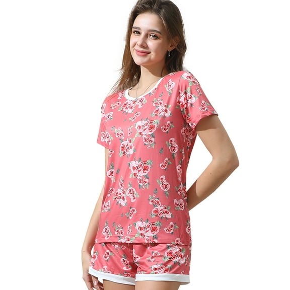 Doublju Women's Short Sleeve Round Neck Pajama Sleepwear 2 pcs Set (Plus Size Available)