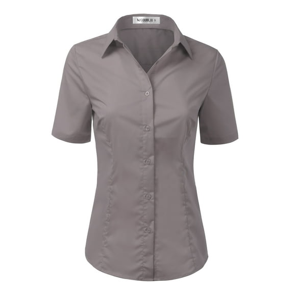 Doublju Women's Short Sleeve Slim Fit Button Down Dress Shirt (Plus Size Available)