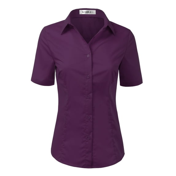 Doublju Women's Short Sleeve Slim Fit Button Down Dress Shirt (Plus Size Available)