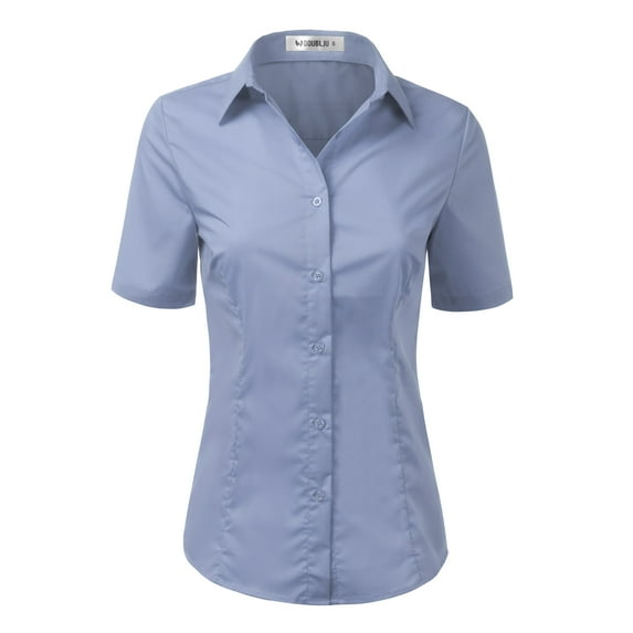 Doublju Women's Short Sleeve Slim Fit Button Down Dress Shirt (Plus Size Available)