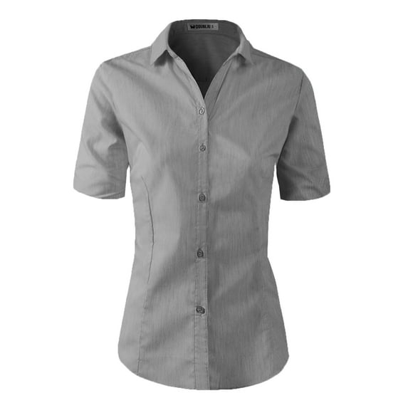 Doublju Women's Short Sleeve Slim Fit Button Down Dress Shirt (Plus Size Available)