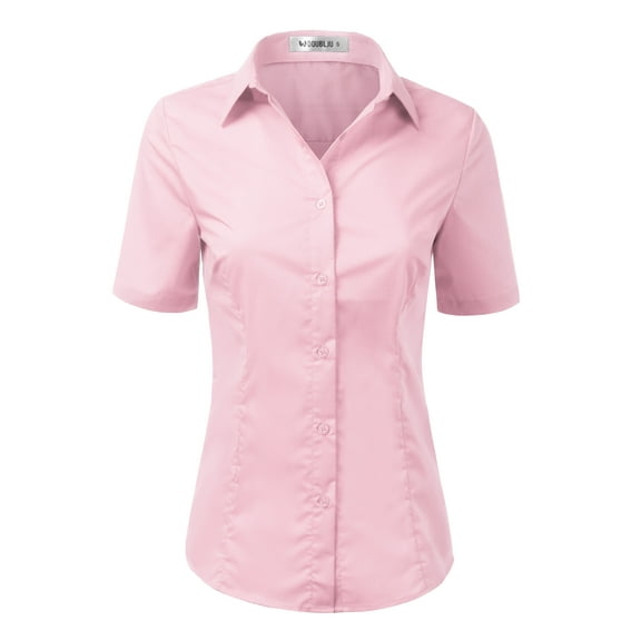 Doublju Women's Short Sleeve Slim Fit Button Down Dress Shirt (Plus Size Available)