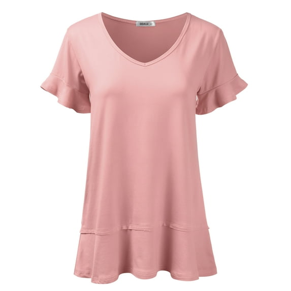 Doublju Women's Short Sleeves Flare Tunic Tops for Leggings Flowy Shirt with Plus Size