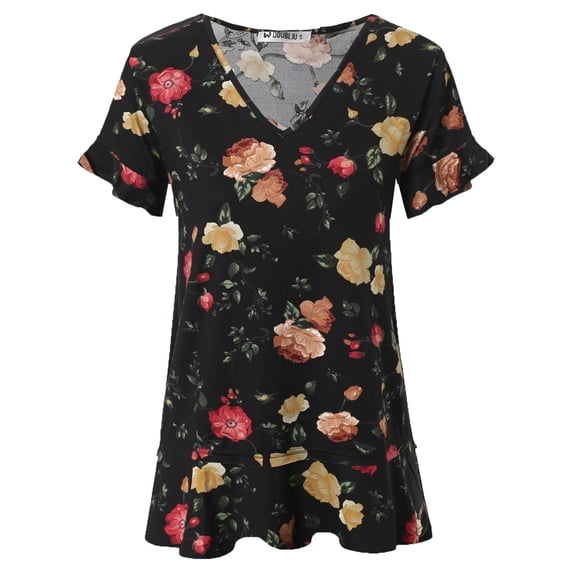 Doublju Women's Short Sleeves Flare Tunic Tops for Leggings Flowy Shirt with Plus Size