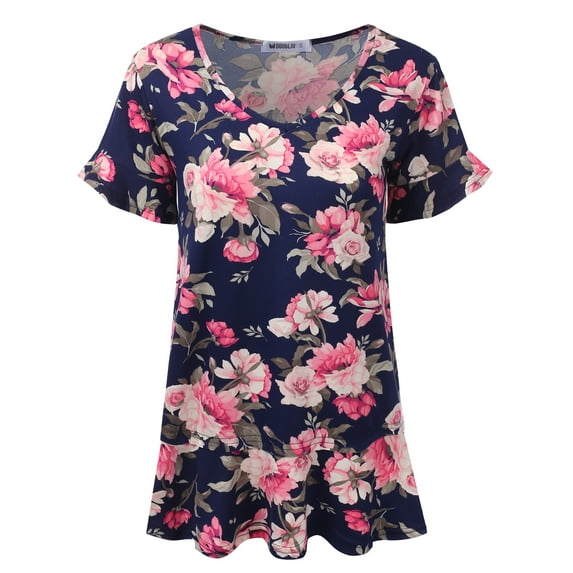 Doublju Women's Short Sleeves Flare Tunic Tops for Leggings Flowy Shirt with Plus Size