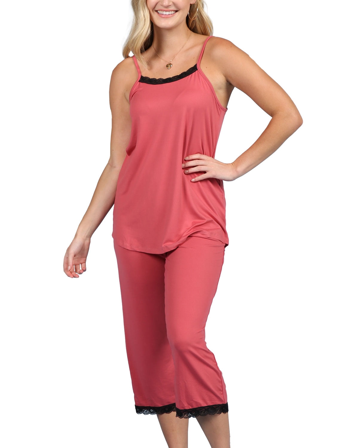 NACHILA Women's Pajama Set - Viscose Bamboo Sleeveless Tank & Capri Pants, Lace Trim, XX-Large
