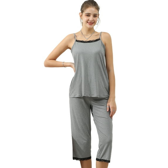 Doublju Women's Sleeveless Lace Top Capri Pajama 2 Pcs Set (Plus Size Available)