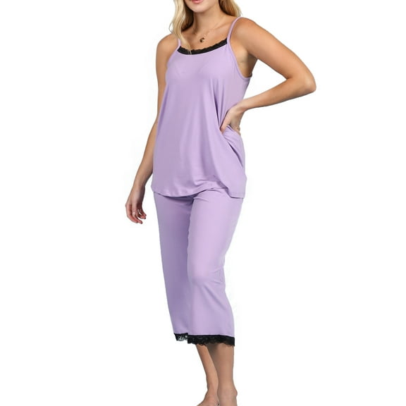 Doublju Women's Sleeveless Lace Top Capri Pajama 2 Pcs Set (Plus Size Available)