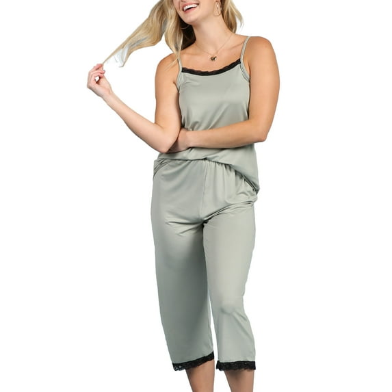 Doublju Women's Sleeveless Lace Top Capri Pajama 2 Pcs Set (Plus Size Available)
