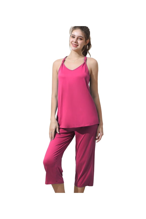 Women's Sleeveless Racerback Capri Pajama 2 Pcs Set (Plus Size Available)