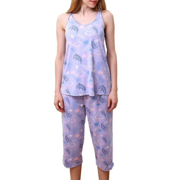 Doublju Women's Sleeveless Racerback Capri Pajama 2 Pcs Set (Plus Size Available)