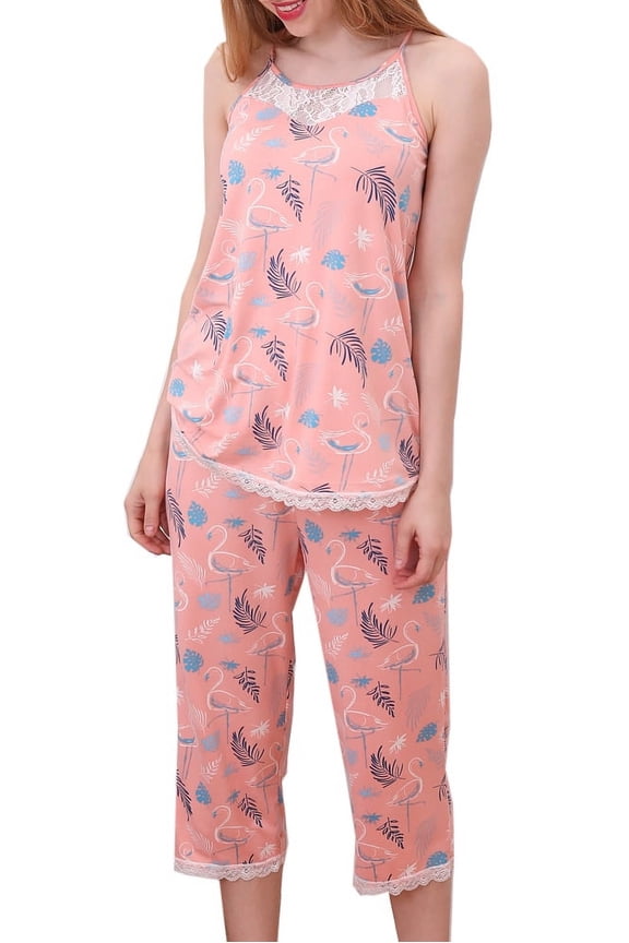 Women's Sleeveless Racerback Lace Capri Pajama 2 Pcs Set (Plus Size Available)