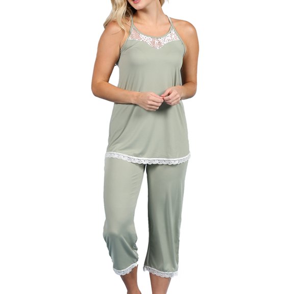 Doublju Women's Sleeveless Racerback Lace Capri Pajama 2 Pcs Set (Plus Size Available)