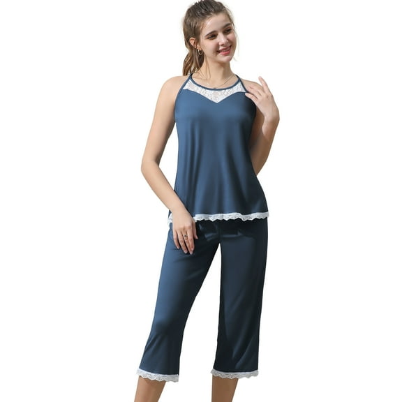 Doublju Women's Sleeveless Racerback Lace Capri Pajama 2 Pcs Set (Plus Size Available)