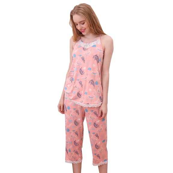 Doublju Women's Sleeveless Racerback Lace Capri Pajama 2 Pcs Set (Plus Size Available)