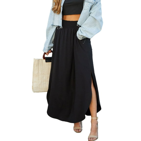 Doublju Women's Smocked Waist Band Maxi Skirt