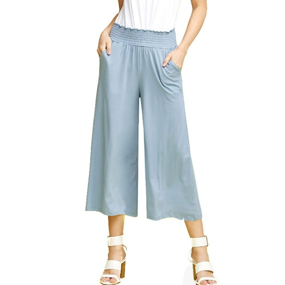 Doublju Women's Smocked Waist Bend Gaucho Pants with Plus Size