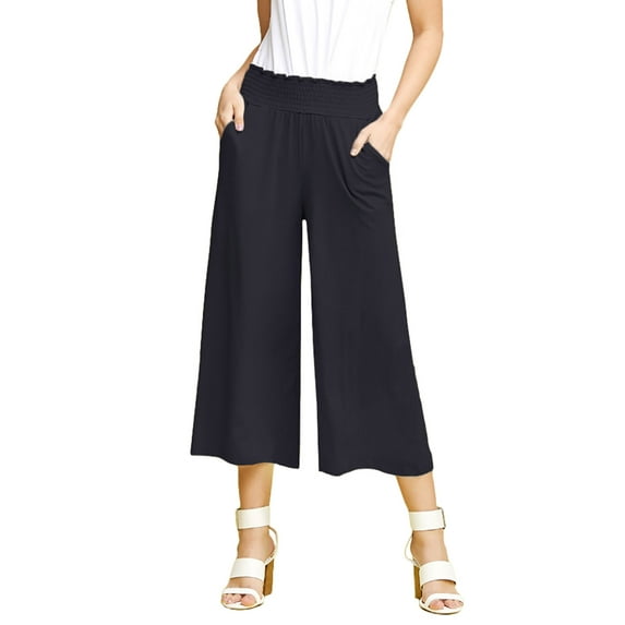 Doublju Women's Smocked Waist Bend Gaucho Pants with Plus Size