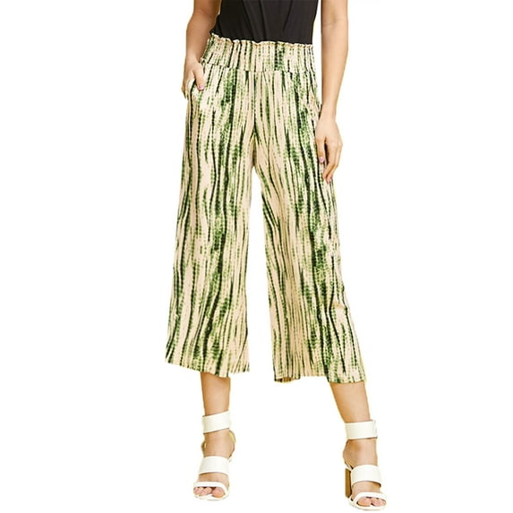 Doublju Women's Smocked Waist Bend Gaucho Pants with Plus Size