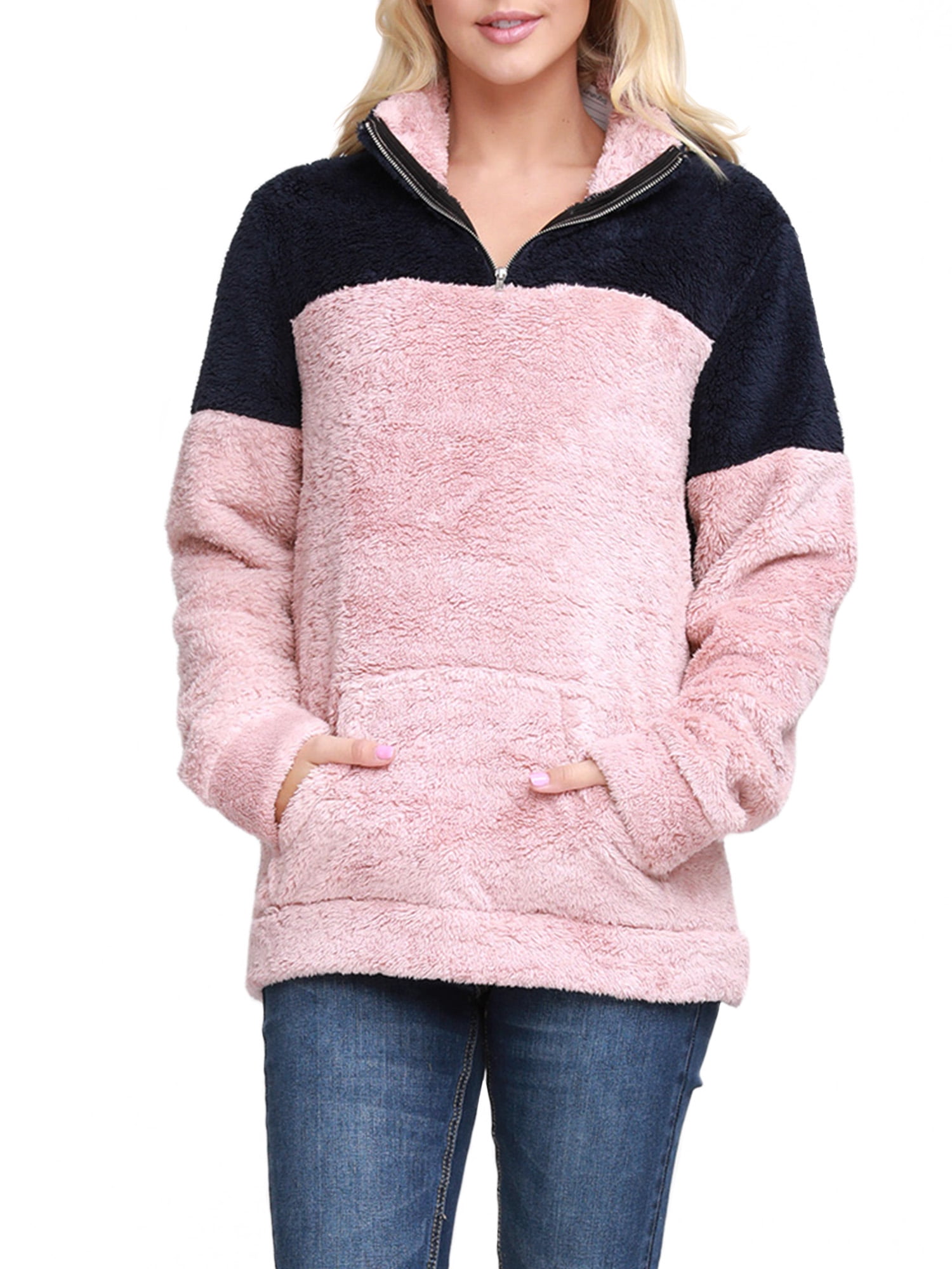 Doublju Women's Soft Sherpa Fleece Quarter Zip Pullover with Pocket