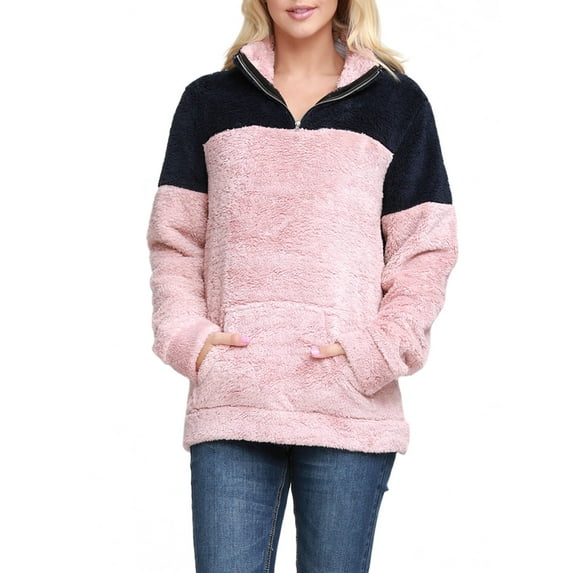 Doublju Women's Soft Sherpa Fleece Quarter Zip Pullover with Pocket with Plus Size