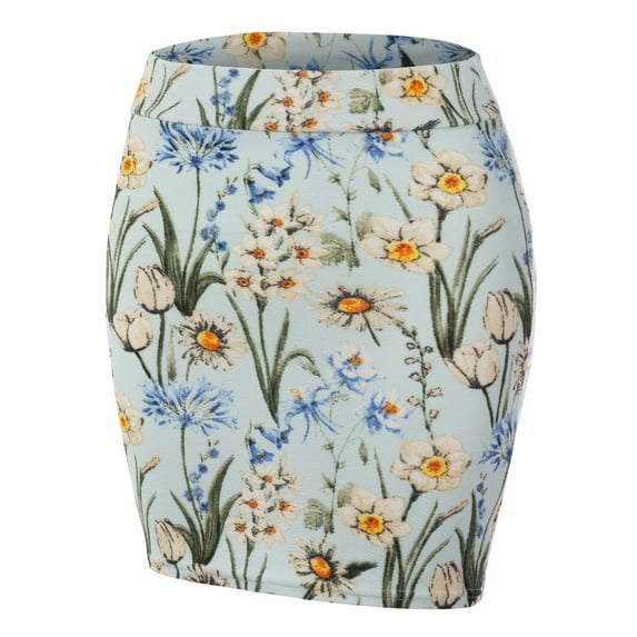 Doublju Women's Stretch Knit Bodycon Mini Skirt SKYBLUEFLOWER XL