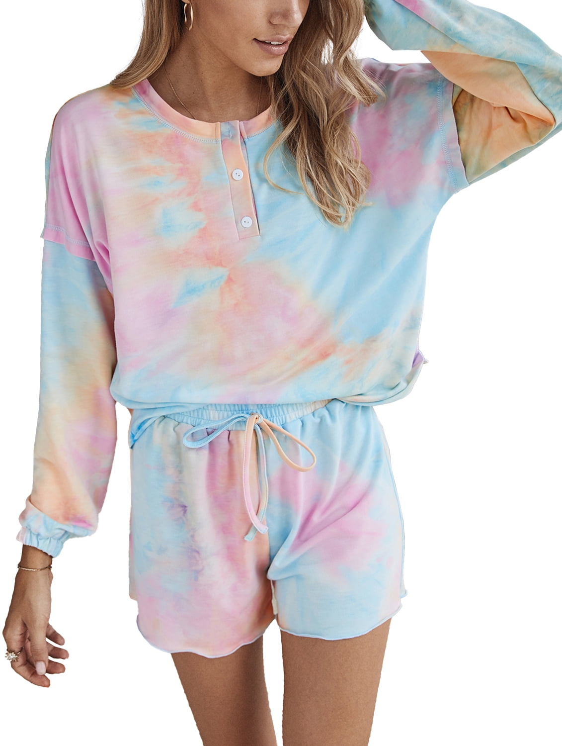 Doublju Women's Tie Dye Henley Sleep and Lounge Set (2Piece)