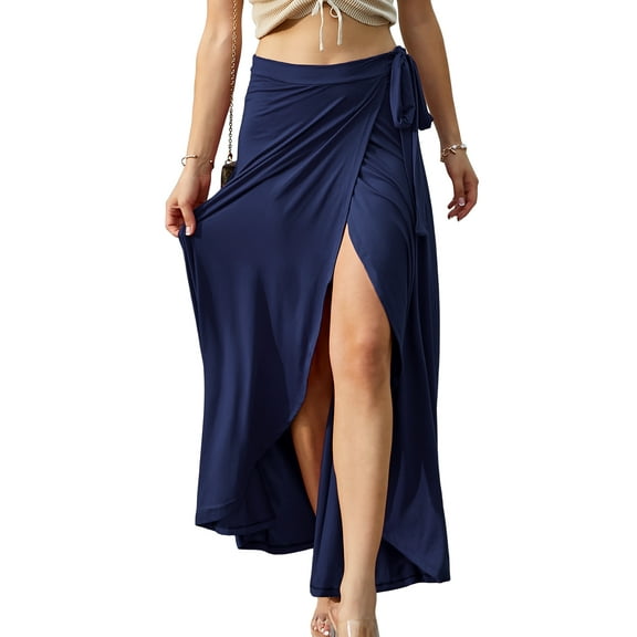 Doublju Women's Tie Waist Flared Wrap Maxi Skirt (Plus Size Available)