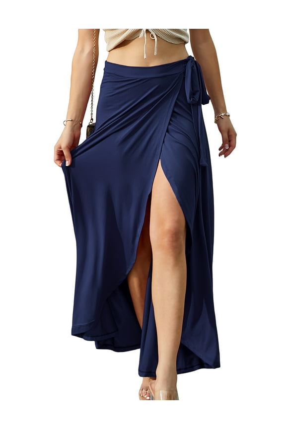 Women's Tie Waist Flared Wrap Maxi Skirt (Plus Size Available)