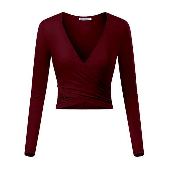 Doublju Women's V-Neck Long Sleeve Surplice Crop Top