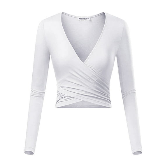 Doublju Women's V-Neck Long Sleeve Surplice Crop Top