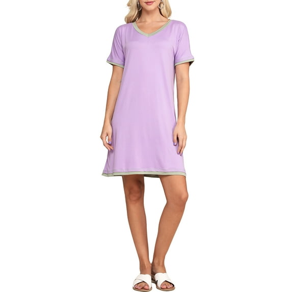 Doublju Women's V-Neck Short Sleeve Nightgown Sleepwear Pajama Dress (Plus Size Available)